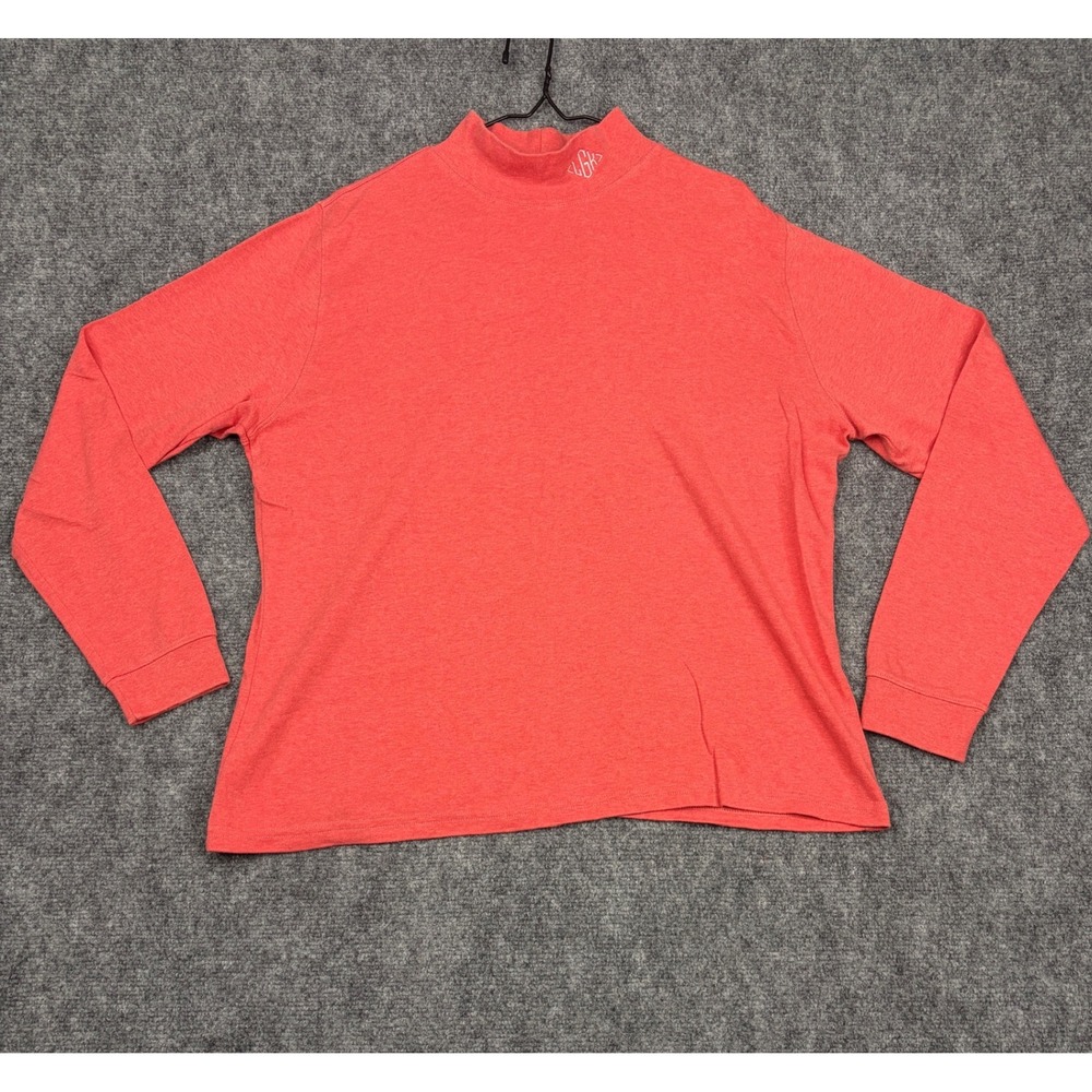 LL Bean Women Mock Neck Long Sleeve Shirt Coral Red Monogrammed Cotton Top Large